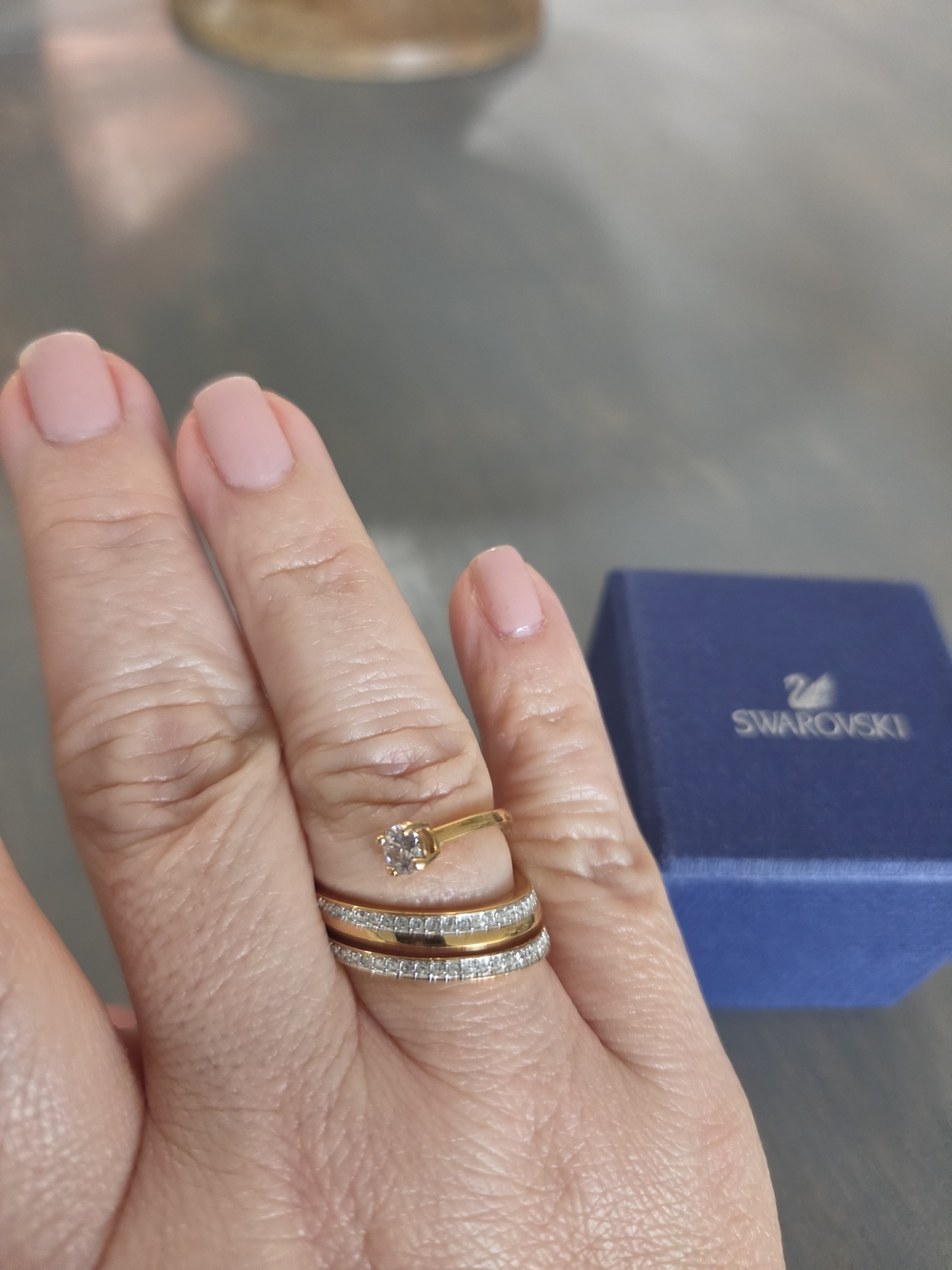 Swarovski Gold-Tone Crystal Stacked Ring Set with Pink Accent